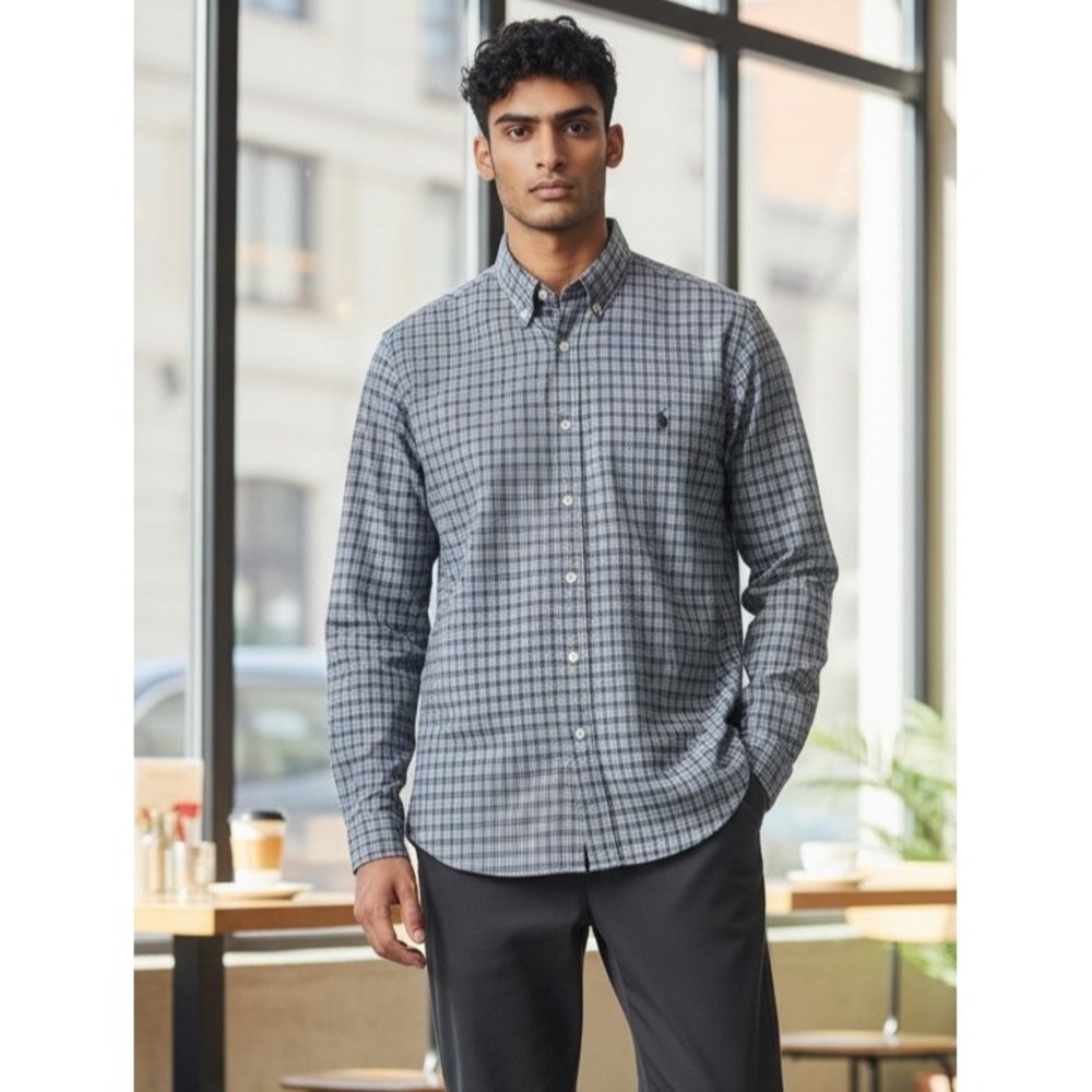 Ralph Lauren Mens L‎ Classic Fit Gingham Button Down Shirt Blue White Excellent